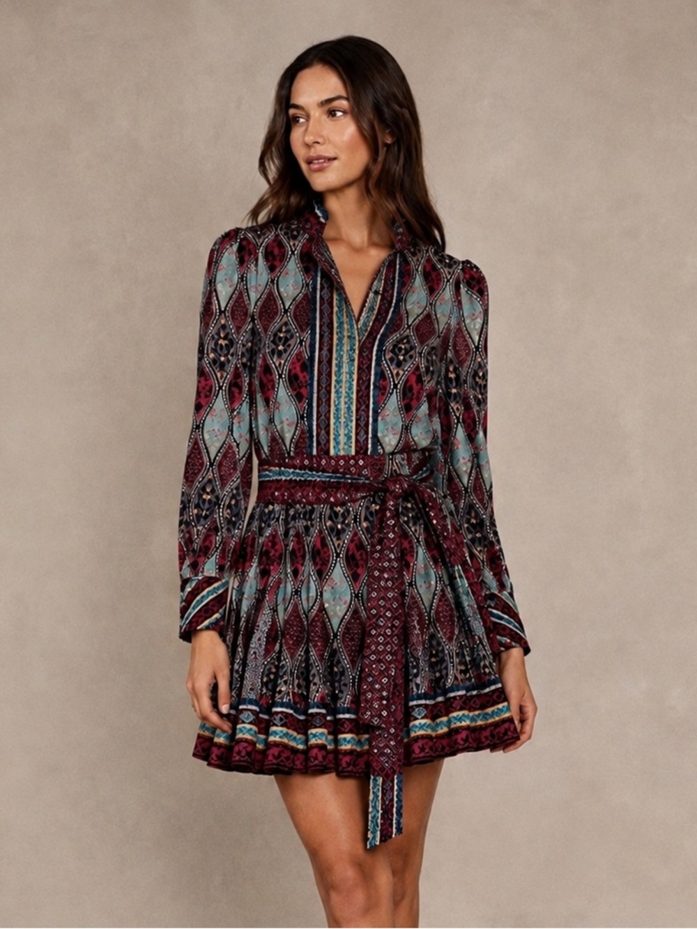 Alice + Olivia Printed Mini Dress Size 4 | Boho Paisley Ruffle Belted